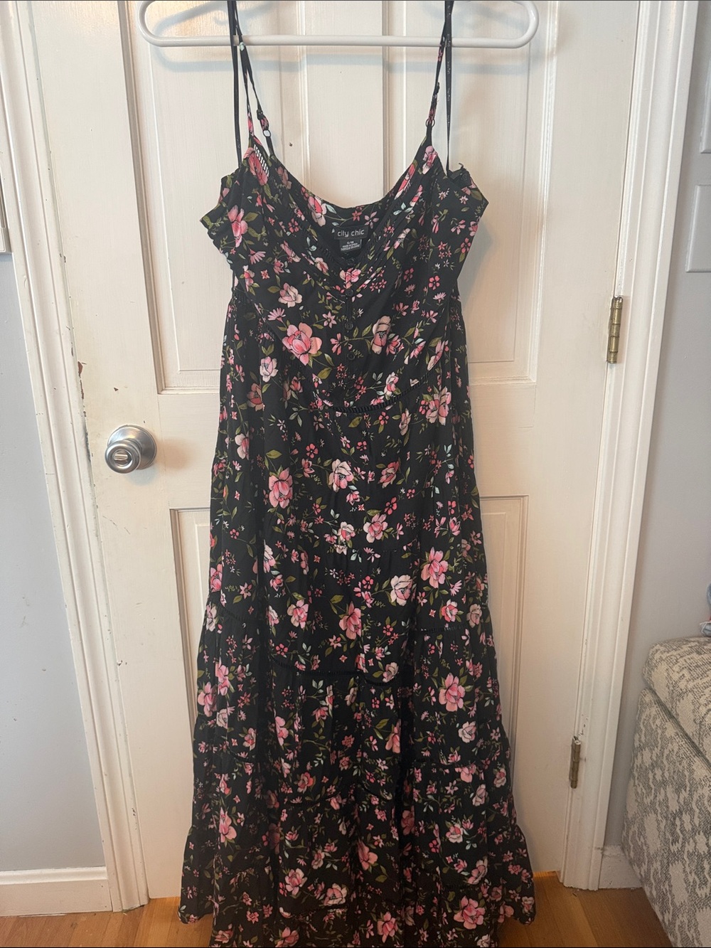 City Chic Black Maxi Dress with Pink Floral Print